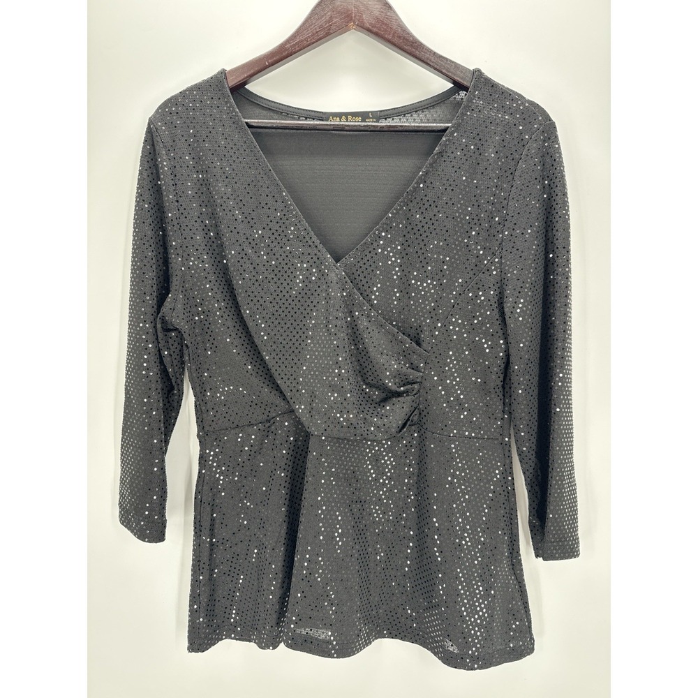 Ana & Rose Black Sequin Surplice Peplum Top Womens Large 3/4 Sleeve Party Blouse